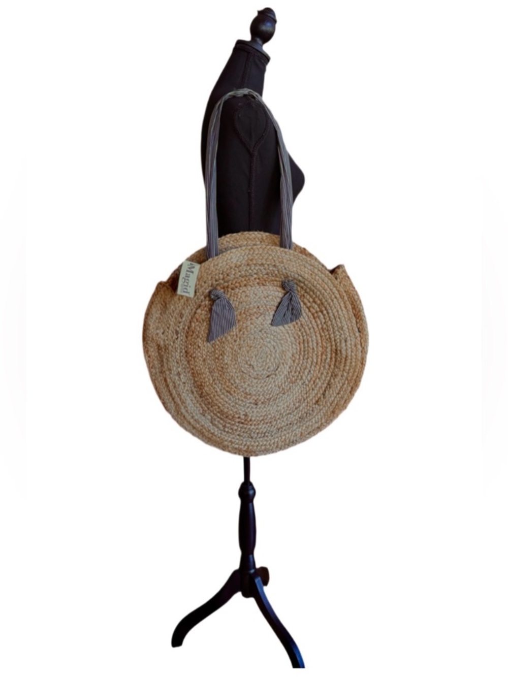 Magid Natural Jute Circle Tote Bag Black White Striped Fabric Handle NWT - Picture 12 of 14